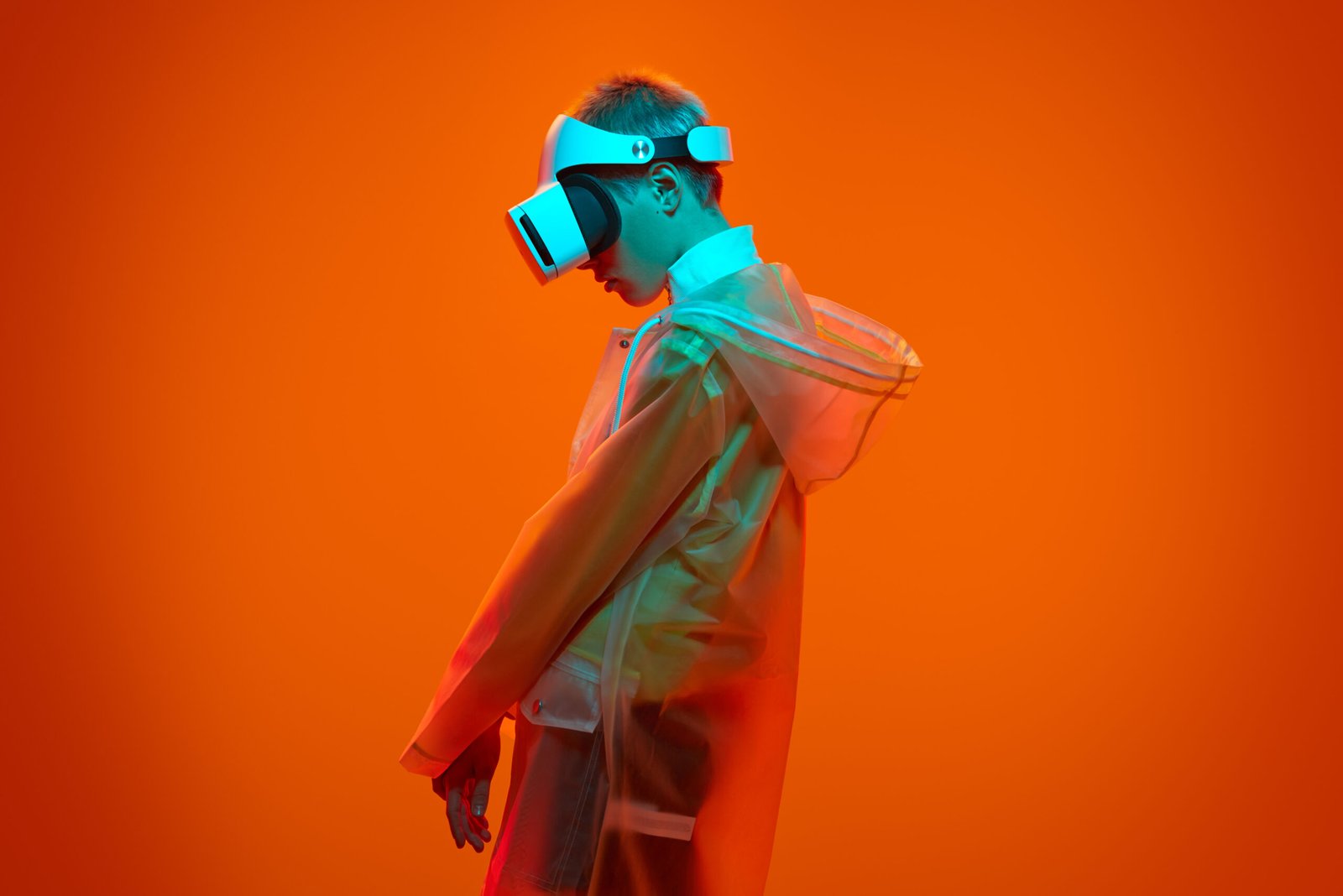 Woman in VR glasses and cyberpunk clothes